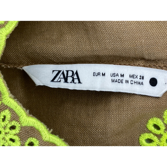 ZARA Dress M 100% Linen Embroidered Eyelet V Neck Slip Sun Midi Boho Flowy Brown - Picture 5 of 11